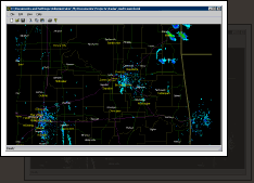 This capture shows multiple radar sites.
As defined in the wXML file multi-wxml.xml, Zooming in shows more detail, such as along with county seats, cities, rivers and major highways.