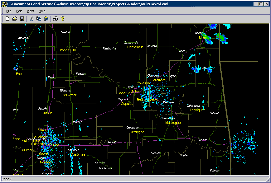 This capture shows multiple radar sites.
As defined in the wXML file multi-wxml.xml, Zooming in shows more detail, such as along with county seats, cities, rivers and major highways.