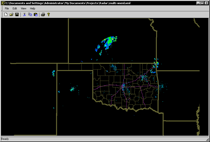 This capture shows multiple radar sites.
Zoomed out shows less detail as well as surrounding state borders.