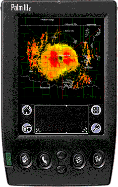 Demonstration of animated color radar on a Palm OS.
Generated by server during testing to compare/verify actual Palm display.

Server : Win32 service and ISAPI dll.
Images collected, downsampled, cached and converted directly into palm images. Serves only needed images to clients via http.

Client : Palm OS app.
Request radar imagery from server via http. Request includes radar location, number of colors/shades of grey, number of frames desired as well as current frames in cache. Stores retrieved images into app's database and continues to requests images every 5 minutes to keep animation up to date.