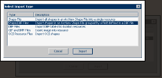 The Import Dialog.
Shows all choices for import :

Shape File
Shape/DBF Files
GIF and BMP Files
OCS Resource Files.