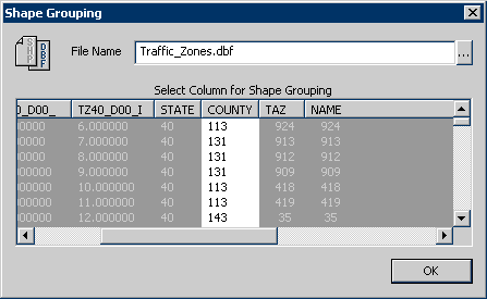 The "Traffic_Zones.SHP" file is being imported into the resource. These shapes will be grouped by the "County" field defined in the accompanying DBF data description file ("Traffic_Zones.SHP.DBF").