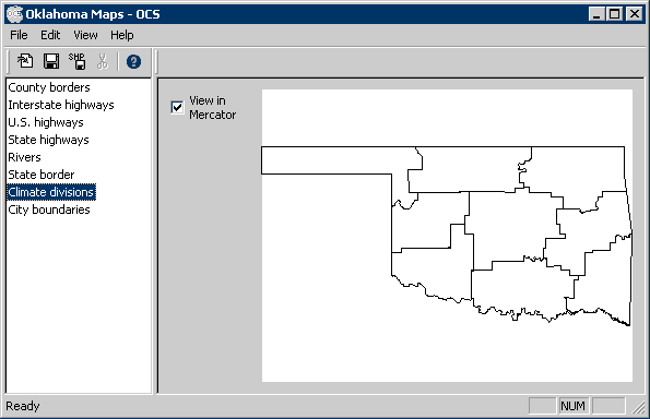 Display of "Oklahoma Maps" OCS resource file.
Each map resource is listed on the left, the selected one previewed on the right.